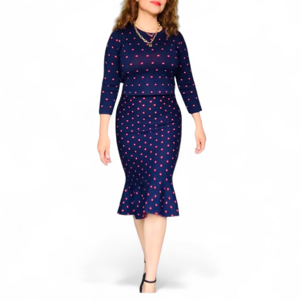 OXYGENE Two-Piece Knit Crop Top and Trumpet Skirt Set in Navy and Red Polka Dot